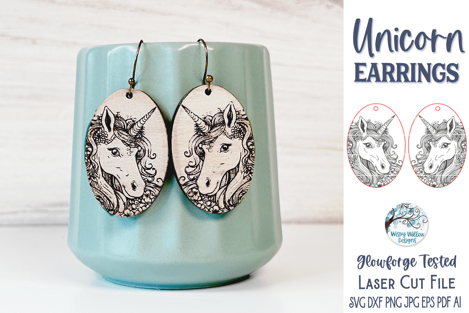 Unicorn Earrings SVG File for Glowforge or Laser Cutter Wispy Willow Designs Company