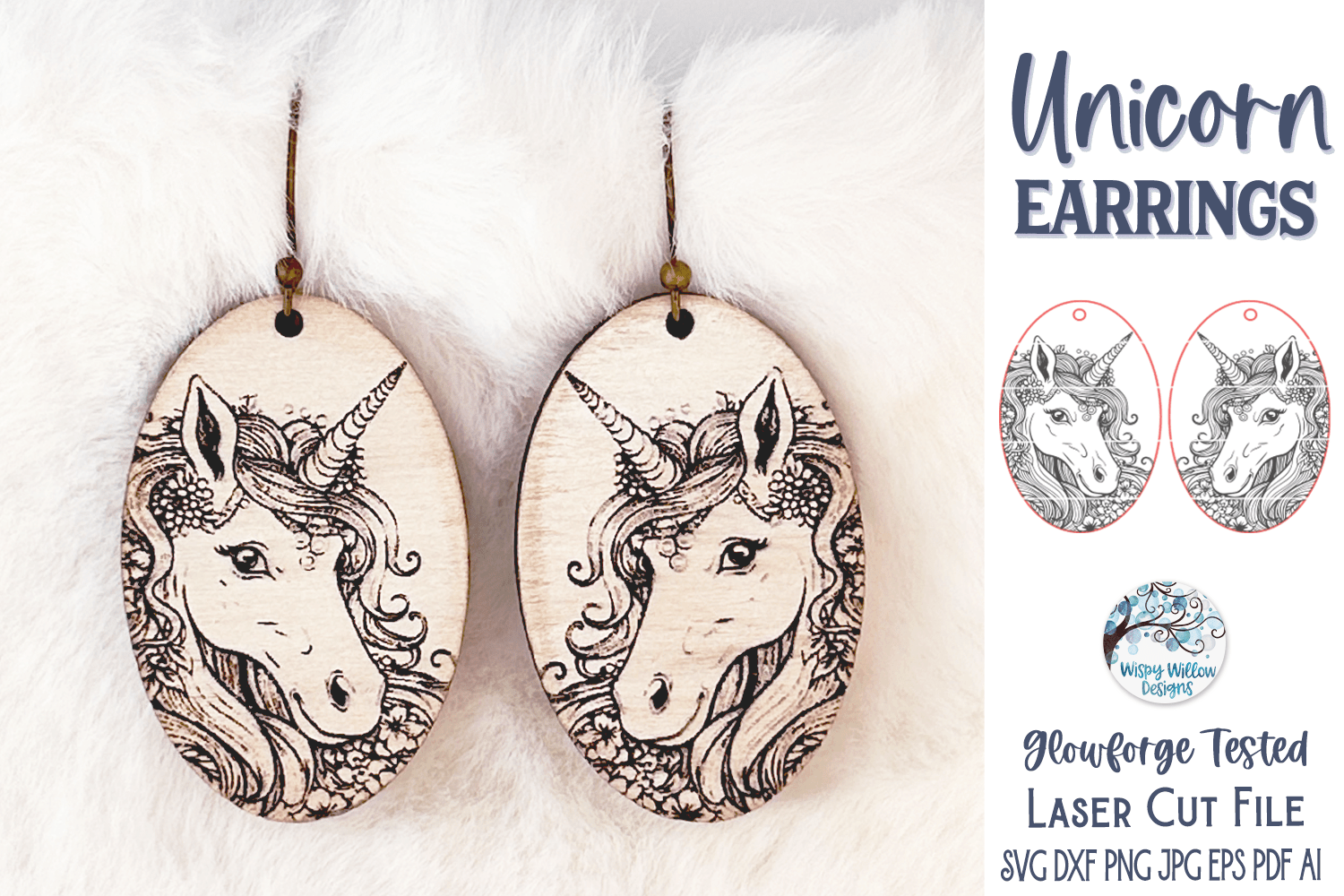 Unicorn Earrings SVG File for Glowforge or Laser Cutter Wispy Willow Designs Company