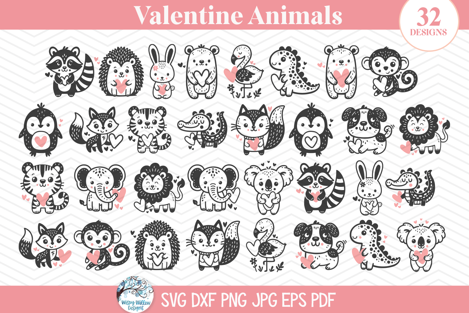 Valentine Animal Bundle SVG | Cute Raccoon, Fox, Dinosaur, Bear, Hedgehog with Hearts Wispy Willow Designs Company