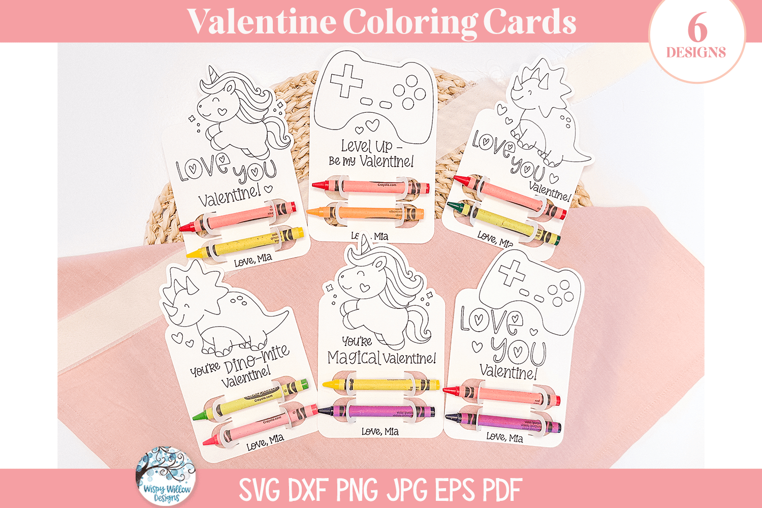 Valentine Coloring Crayon Holder Cards for Kids SVG File for Cricut Wispy Willow Designs Company