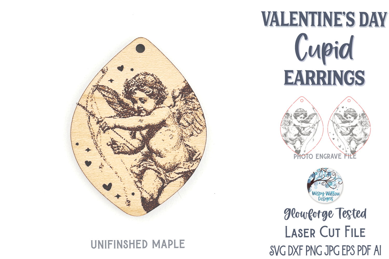 Valentine Cupid Earring SVG File for Glowforge and Laser Cutter Wispy Willow Designs Company