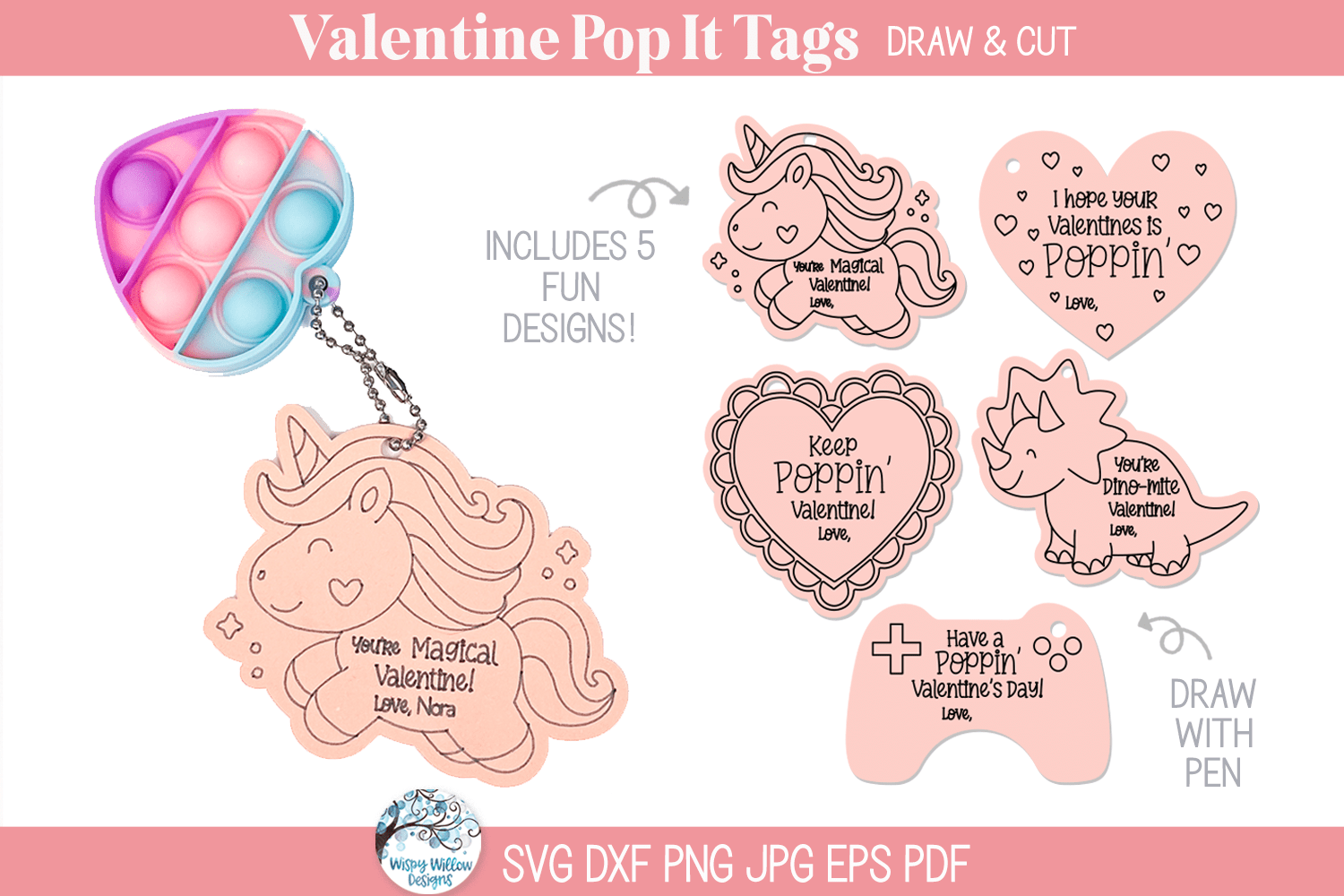 Valentine's Day Pop It Gift Keychain SVG Bundle for Cricut Wispy Willow Designs Company