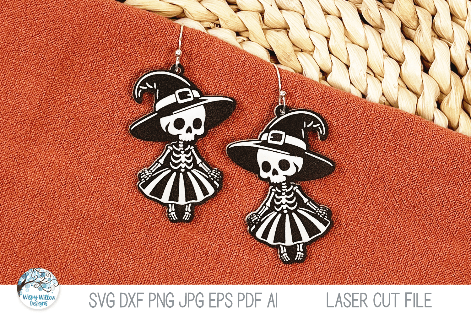 Witch Skeleton Halloween Earring SVG File for Laser Wispy Willow Designs Company