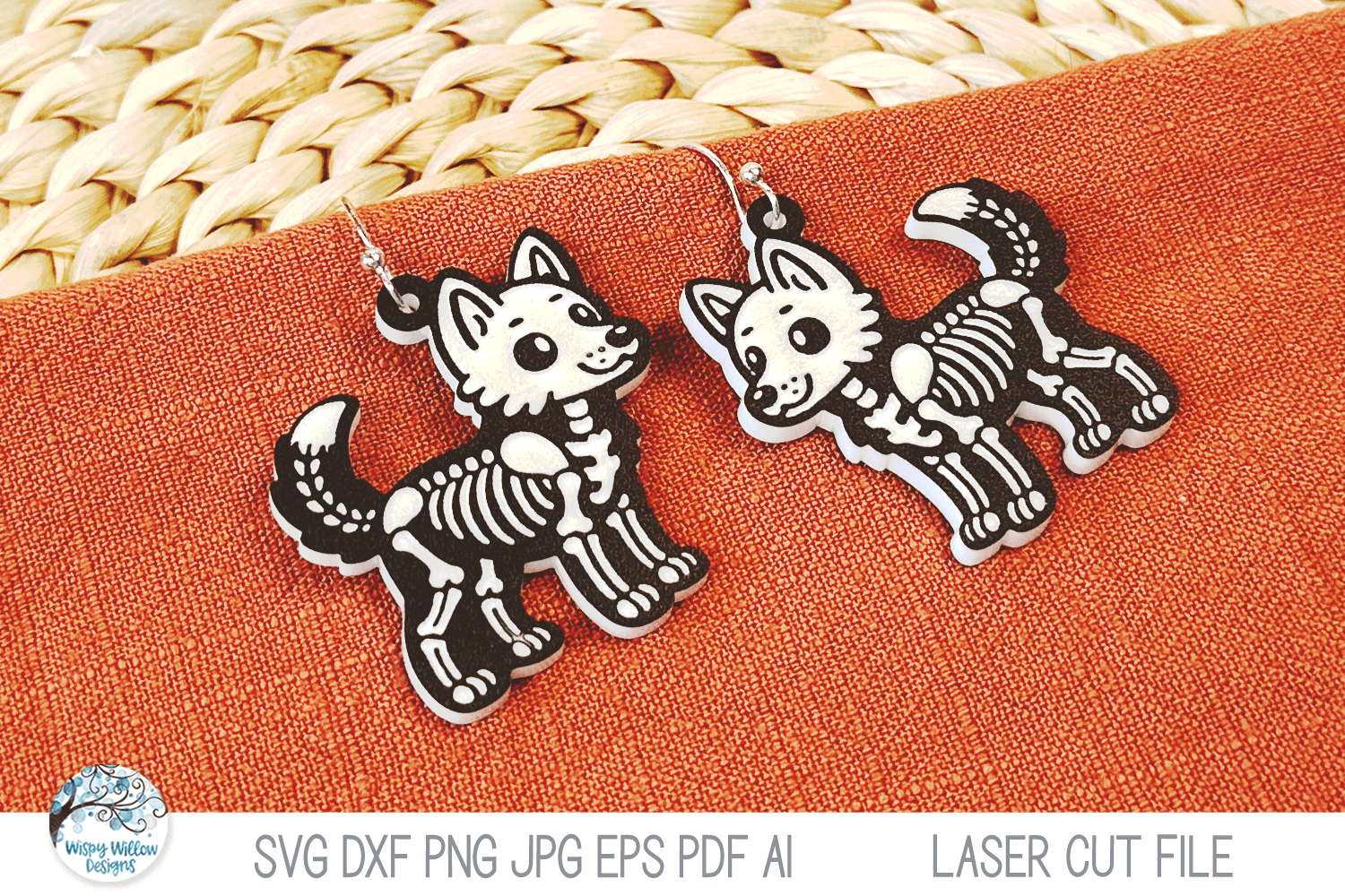 Wolf Skeleton Halloween Earring SVG File for Laser Wispy Willow Designs Company