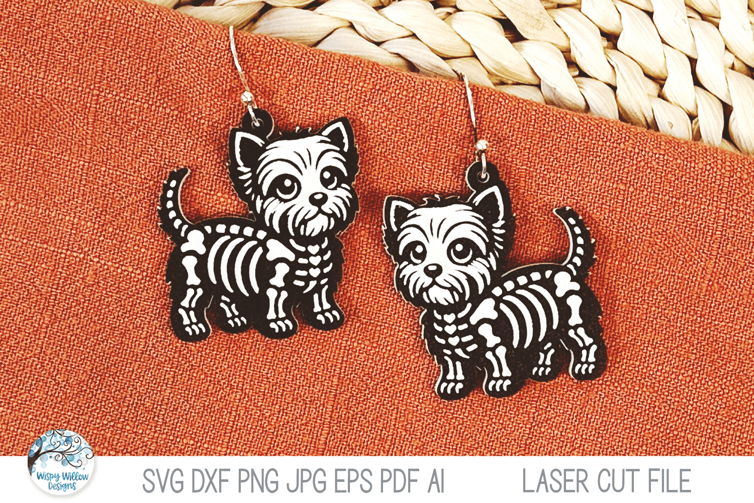 Yorkie Dog Skeleton Halloween Earring SVG File for Laser Wispy Willow Designs Company