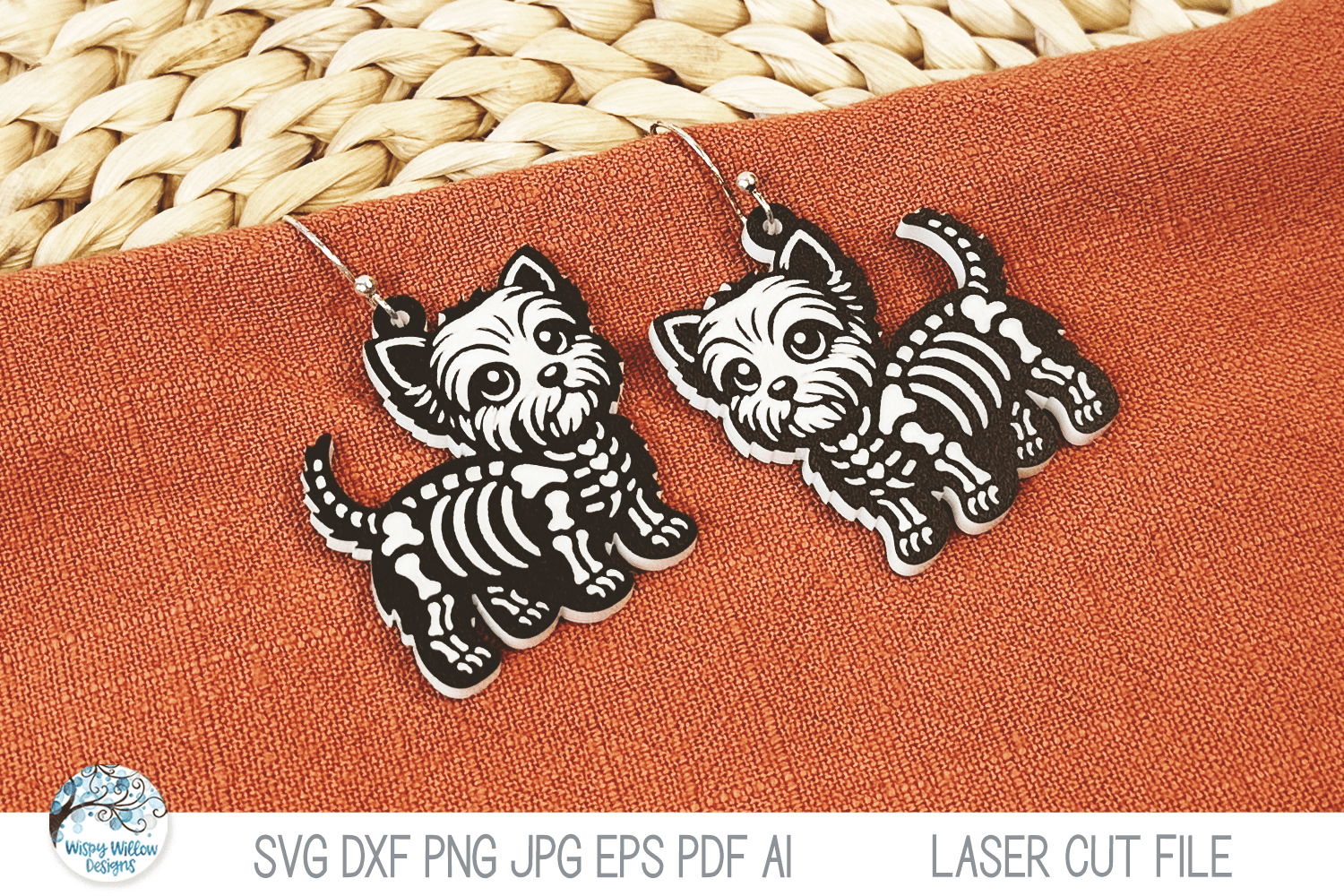 Yorkie Dog Skeleton Halloween Earring SVG File for Laser Wispy Willow Designs Company