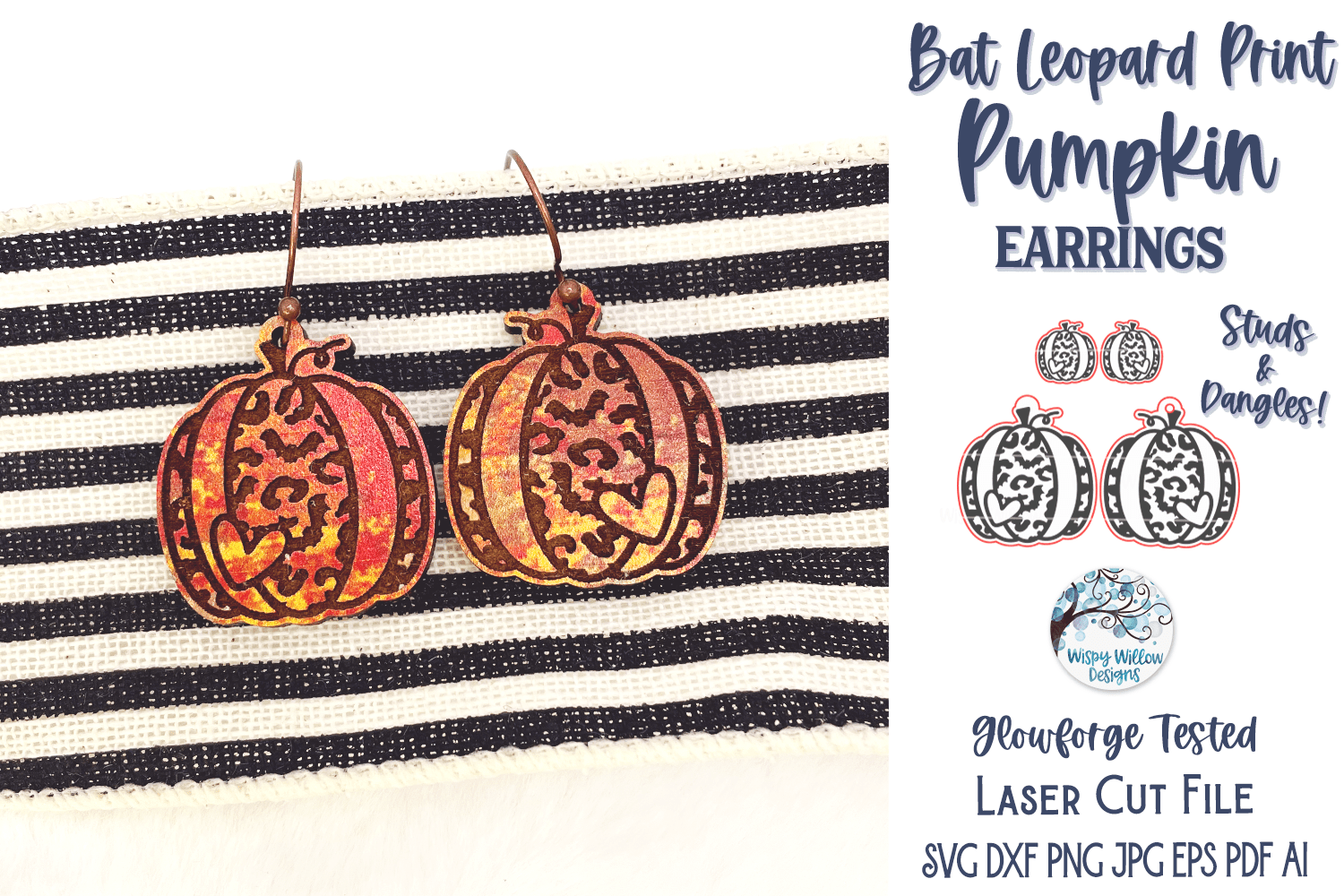 Bat Leopard Print Pumpkin Earrings for Glowforge Laser Cutter SVG Wispy Willow Designs Company