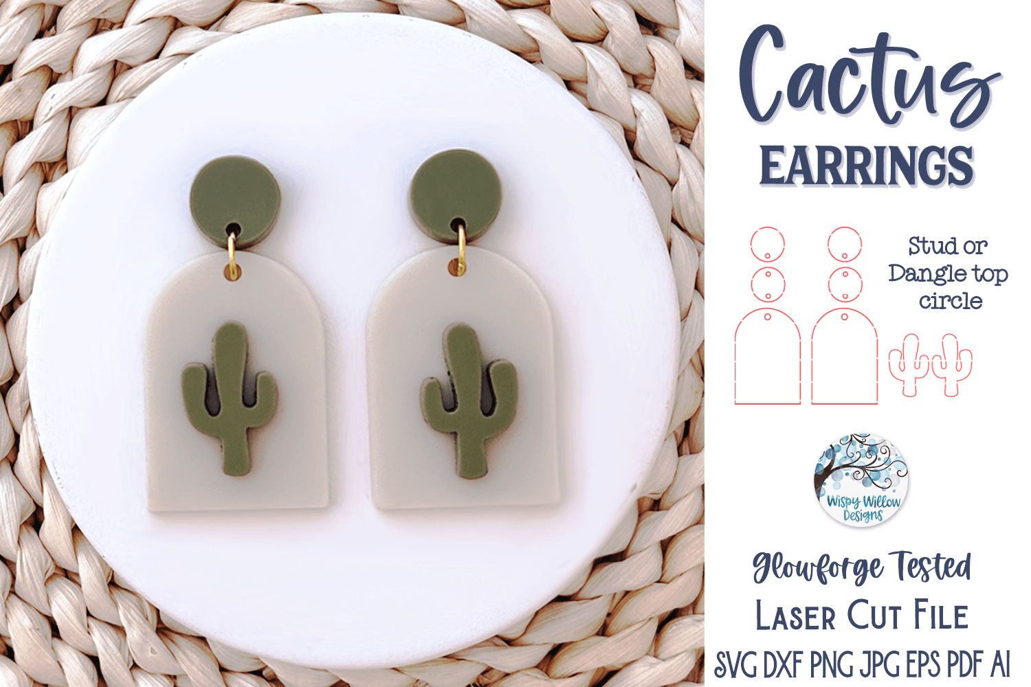 Cactus Earring SVG for Glowforge Laser Cutter Wispy Willow Designs Company