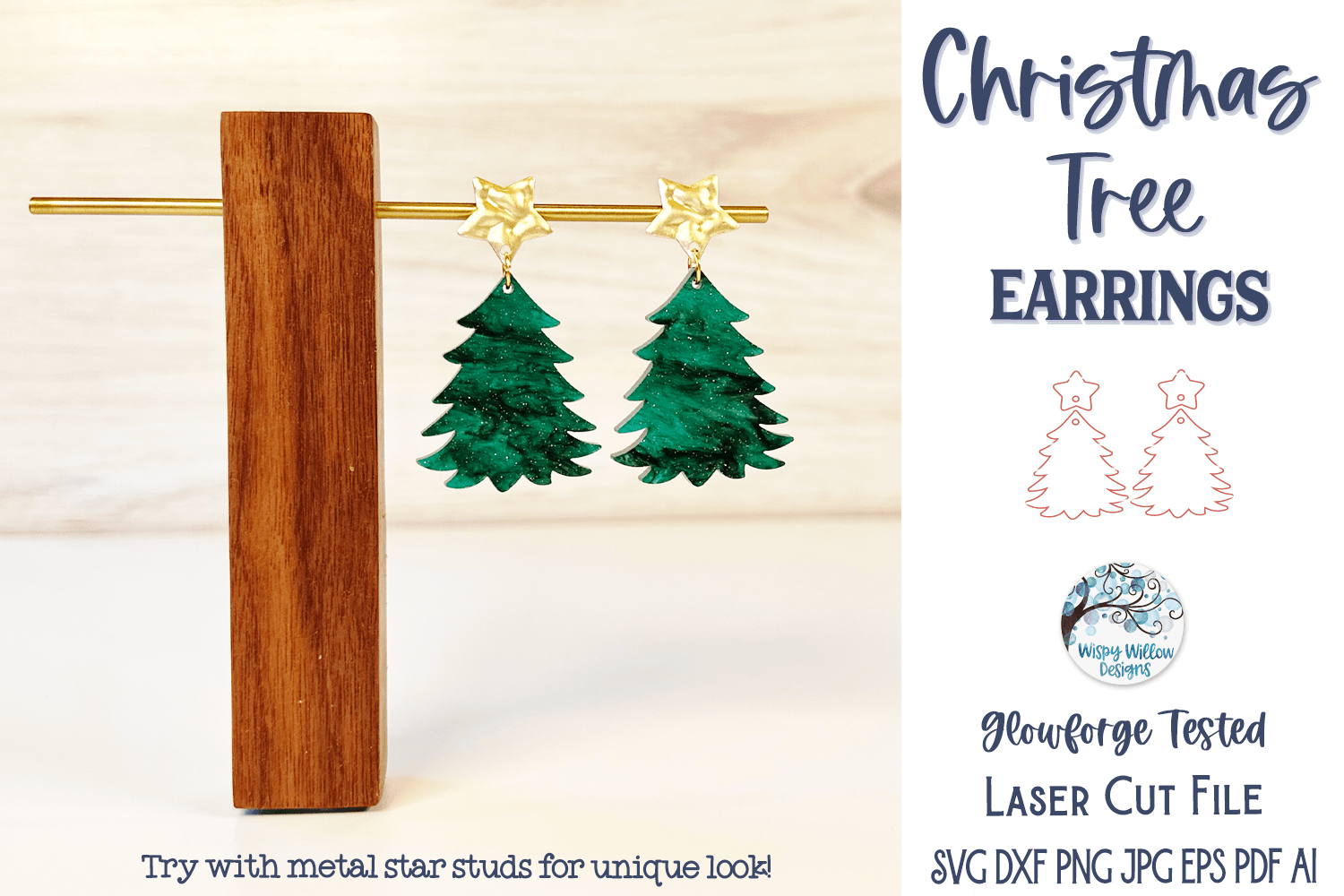 Christmas Tree Earring SVG for Glowforge Laser Cutter Wispy Willow Designs Company