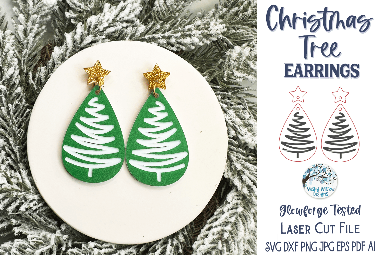 Christmas Tree Earring SVG for Glowforge Laser Wispy Willow Designs Company