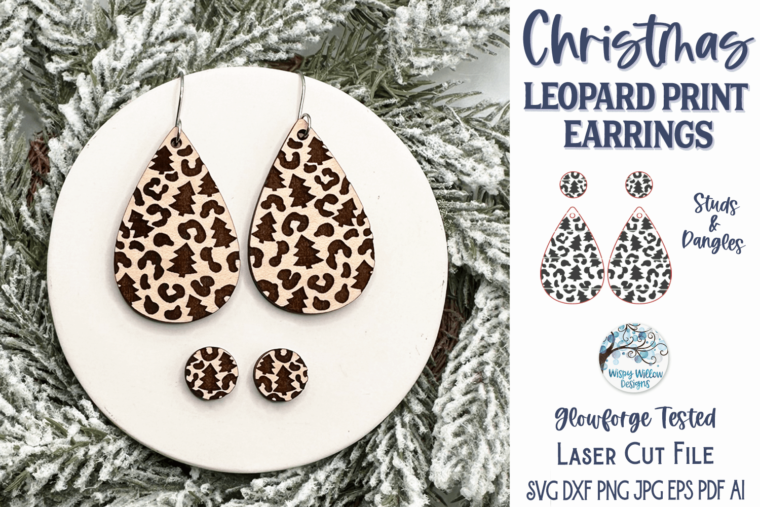 Christmas Tree Leopard Print Earrings SVG for Glowforge Laser Wispy Willow Designs Company