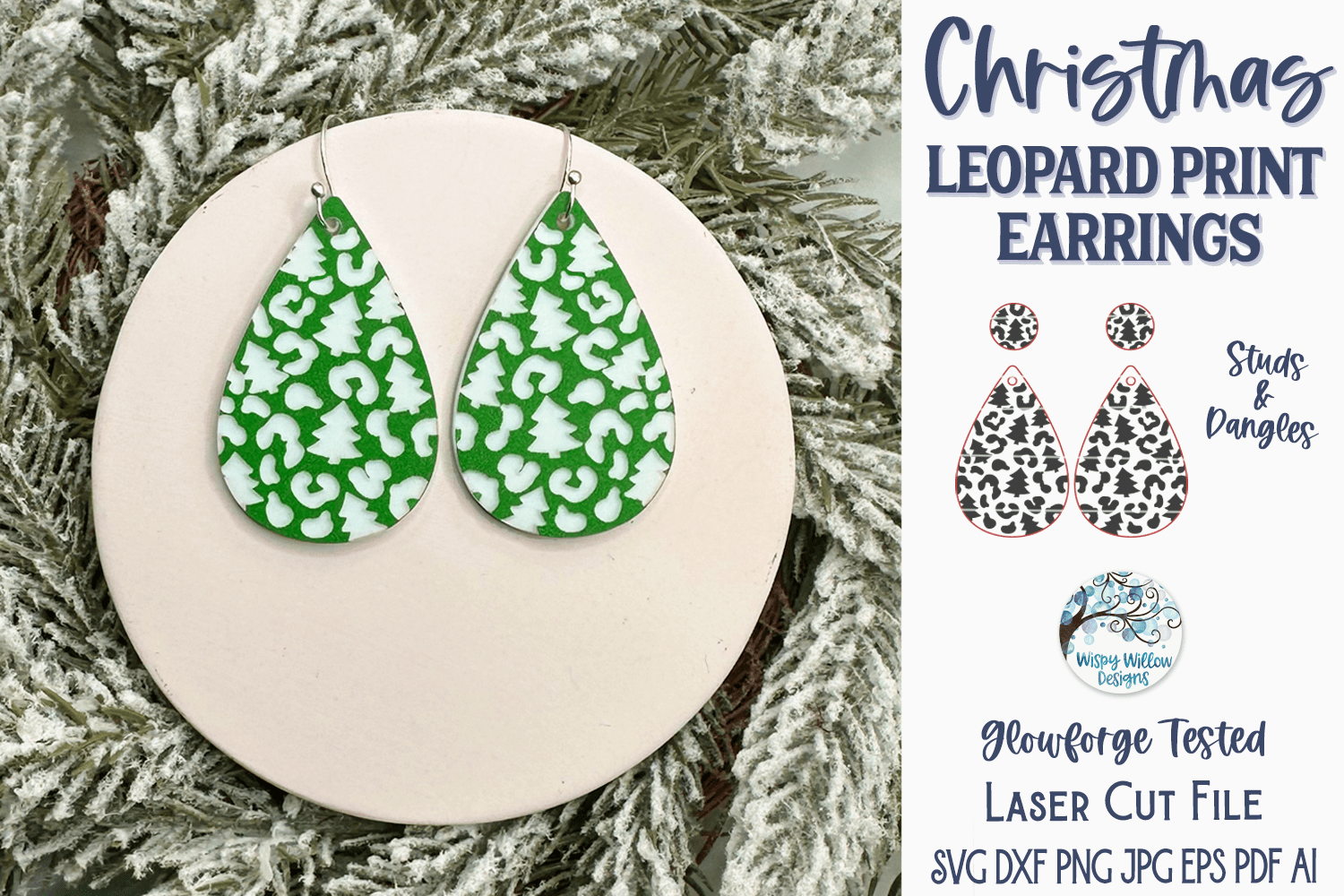 Christmas Tree Leopard Print Earrings SVG for Glowforge Laser Wispy Willow Designs Company