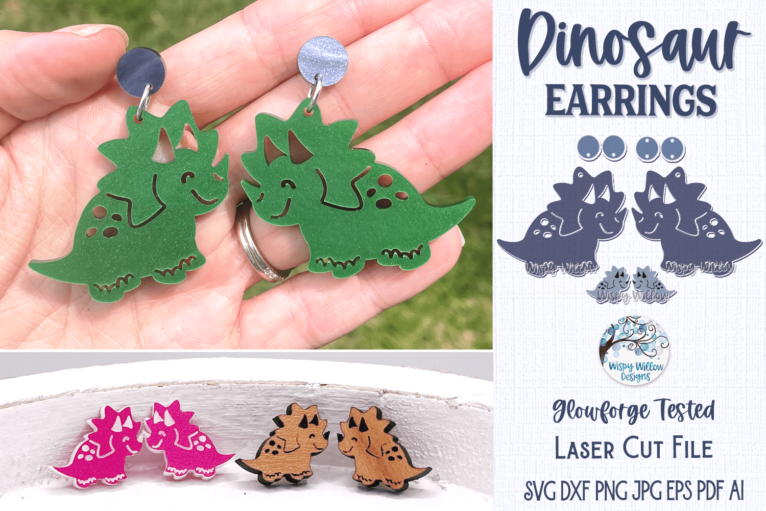 Dinosaur Earrings for Glowforge Laser SVG - Stud and Dangle Wispy Willow Designs Company