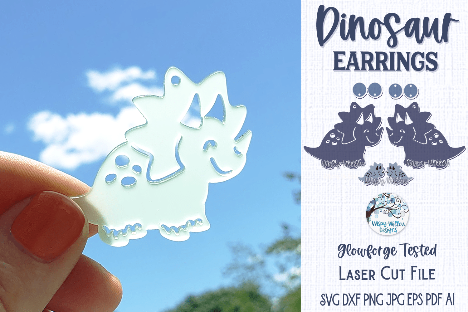 Dinosaur Earrings for Glowforge Laser SVG - Stud and Dangle Wispy Willow Designs Company