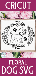 Dog with Oval Flower Frame SVG Wispy Willow Designs Company