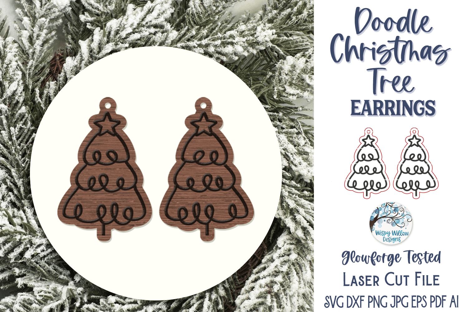 Doodle Christmas Tree Earring SVG for Glowforge Laser Wispy Willow Designs Company