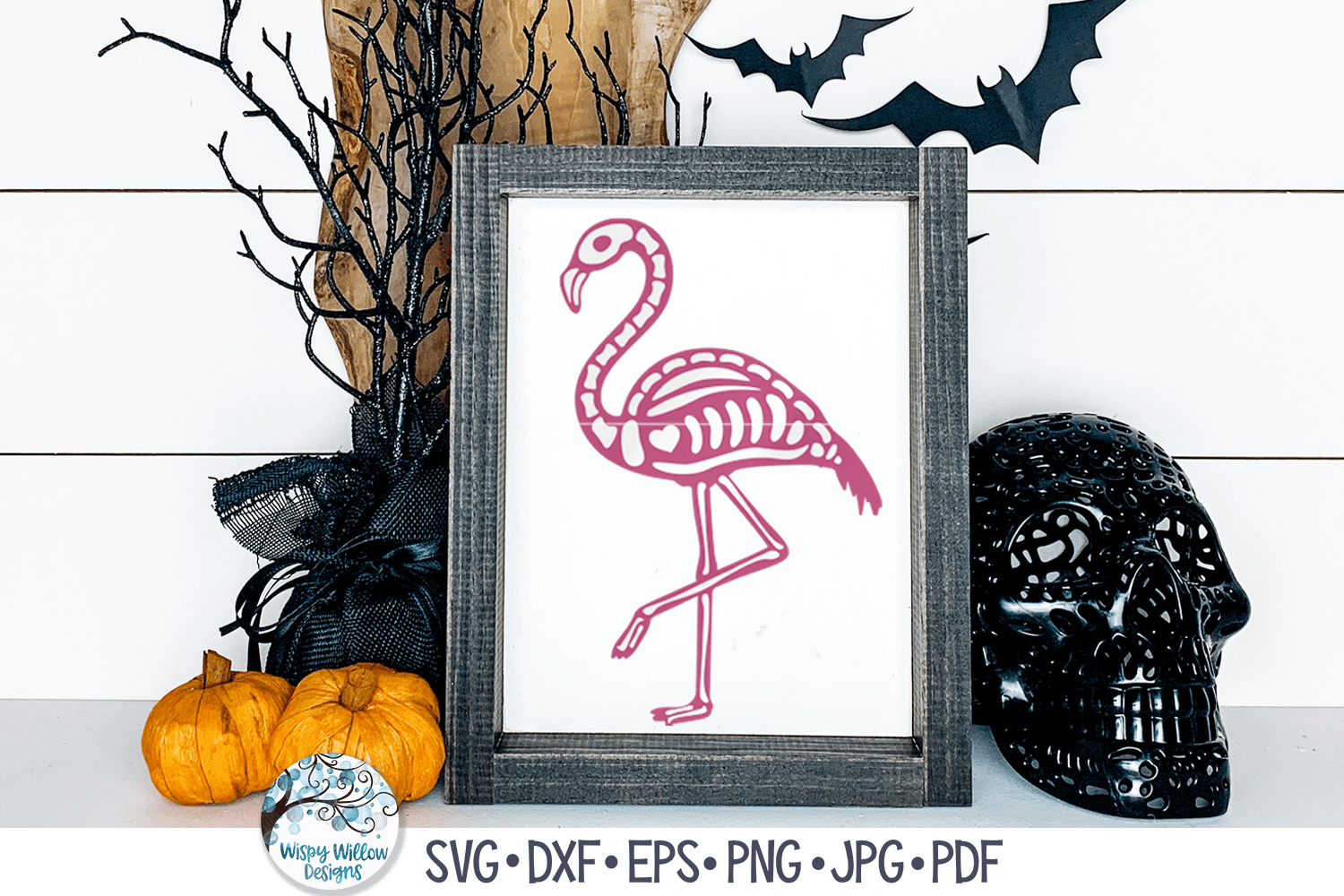 Flamingo Skeleton with Heart SVG | Halloween SVG Wispy Willow Designs Company