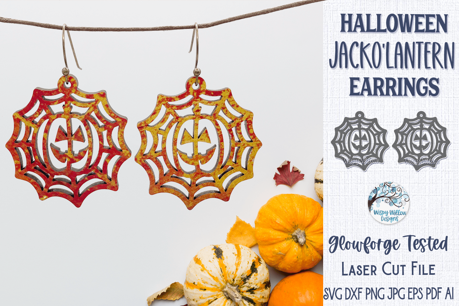 Halloween Jack O' Lantern Earrings for Glowforge Laser SVG Wispy Willow Designs Company