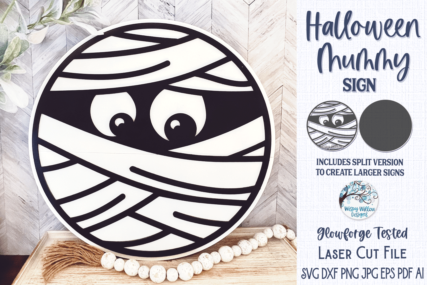 Halloween Mummy Round Sign SVG for Glowforge or Laser Cutter Wispy Willow Designs Company