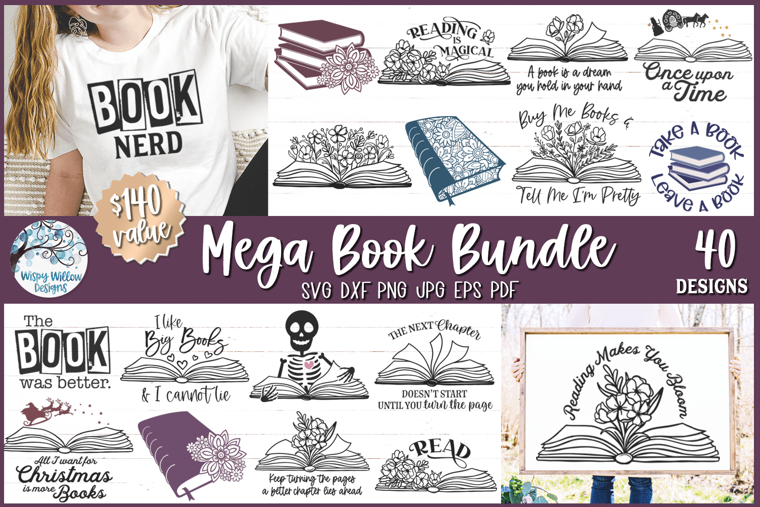 Mega Book SVG Bundle | 40 Designs for Reading Lovers Wispy Willow Designs Company