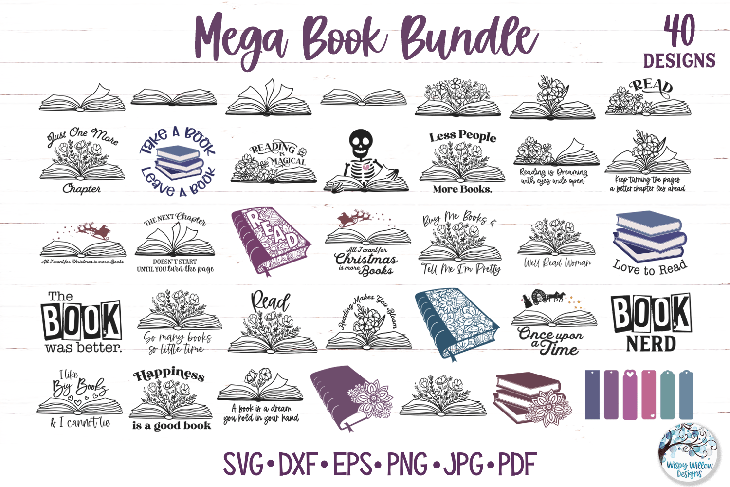 Mega Book SVG Bundle | 40 Designs for Reading Lovers Wispy Willow Designs Company