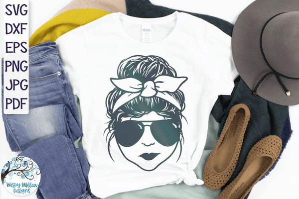 Messy Bun Lady with Bandana SVG | Mom Life SVG – Wispy Willow Designs