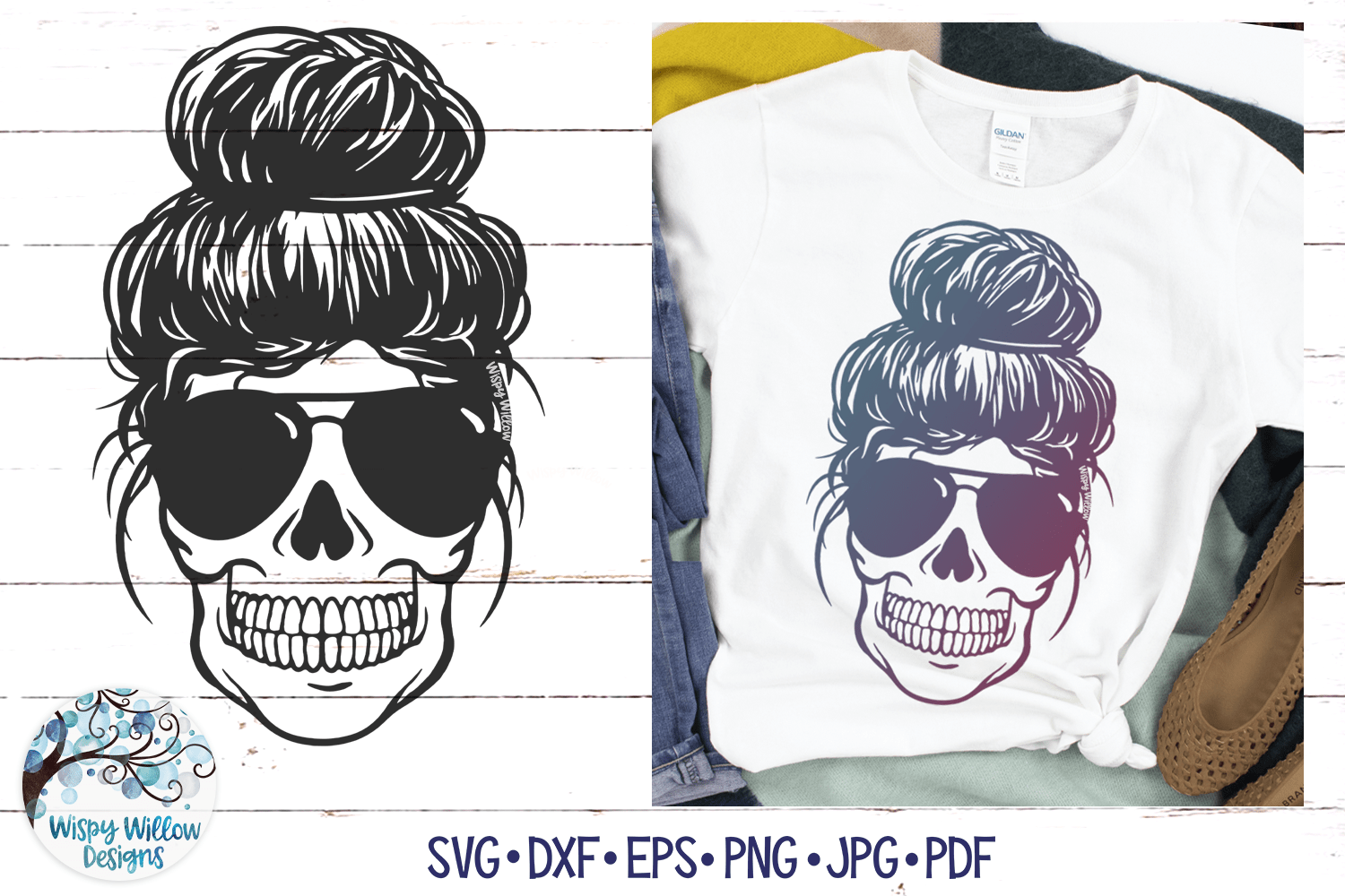 Messy Bun Skull Mom SVG Bundle Wispy Willow Designs Company