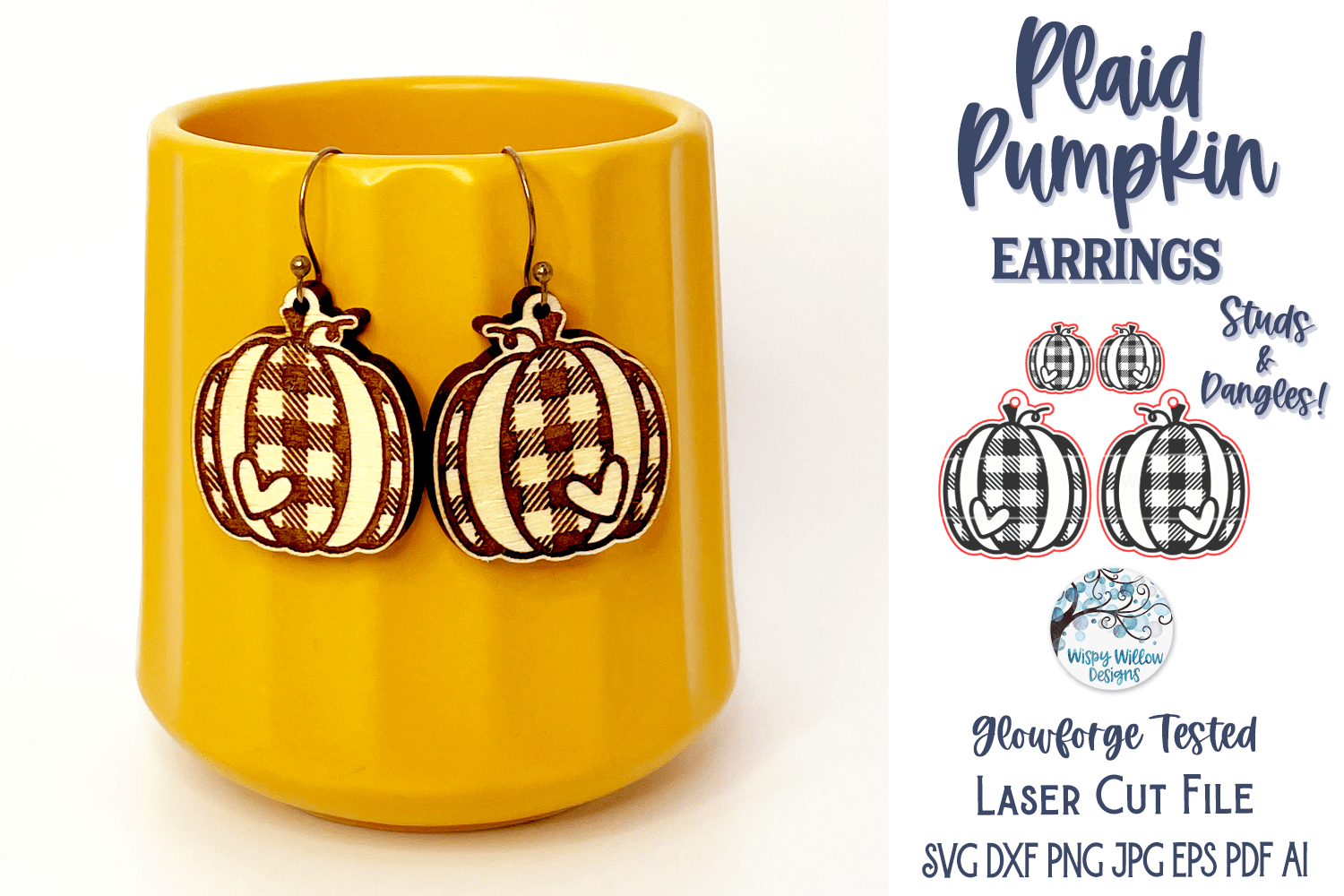 Plaid Pumpkin Earrings for Glowforge Laser Cutter SVG Wispy Willow Designs Company