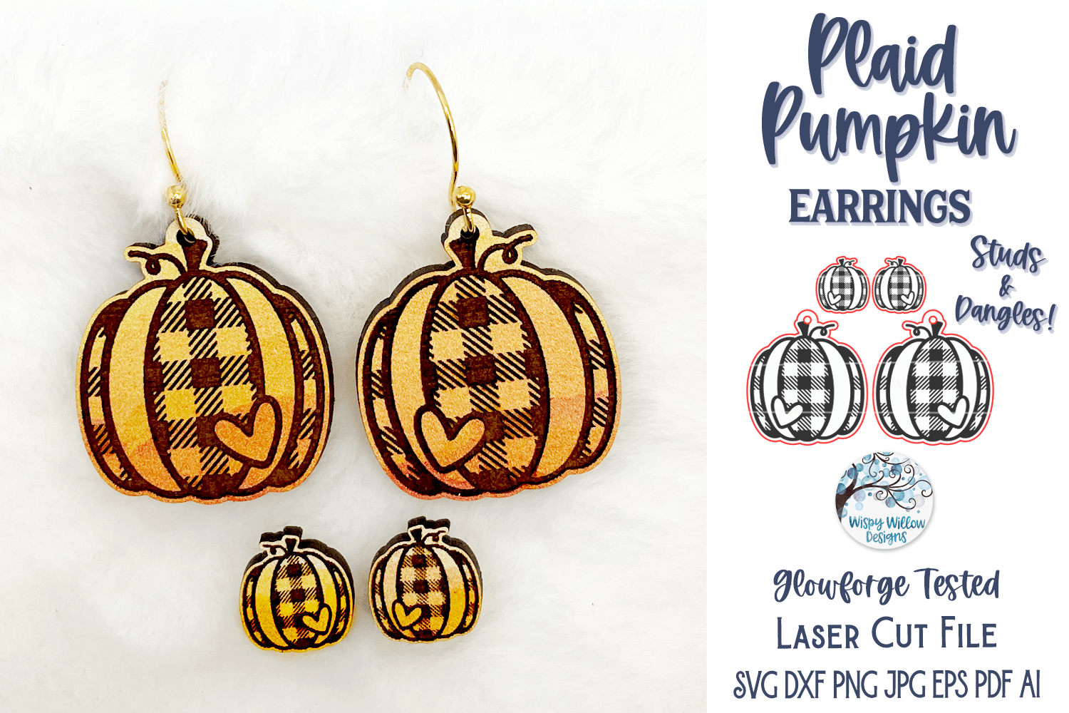 Plaid Pumpkin Earrings for Glowforge Laser Cutter SVG Wispy Willow Designs Company