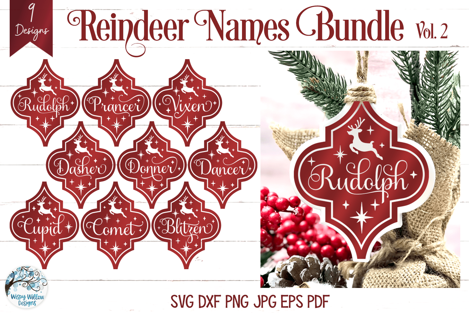 Reindeer Names Arabesque Ornaments SVG Wispy Willow Designs Company