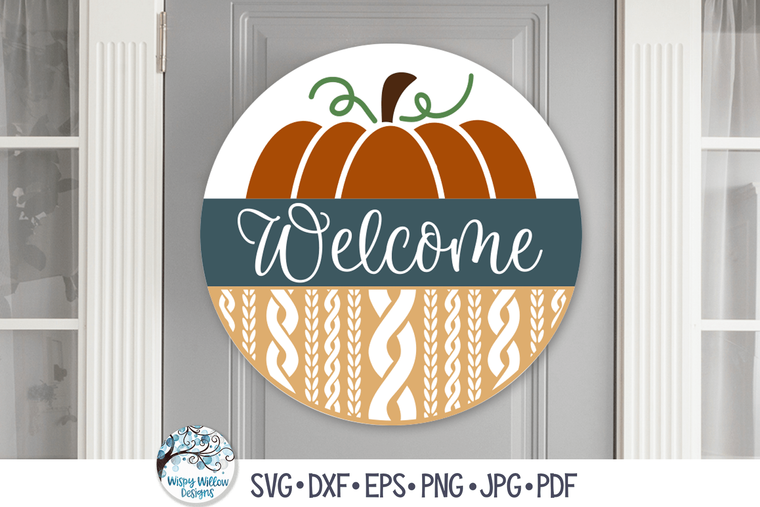 Round Welcome Sign SVG | Sweater Print with Fall Pumpkin Wispy Willow Designs Company