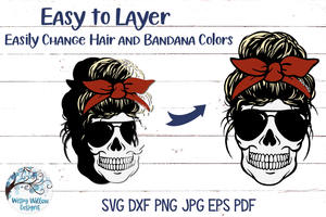 Skull Mom with Bandana Headband Layered SVG Wispy Willow Designs Company