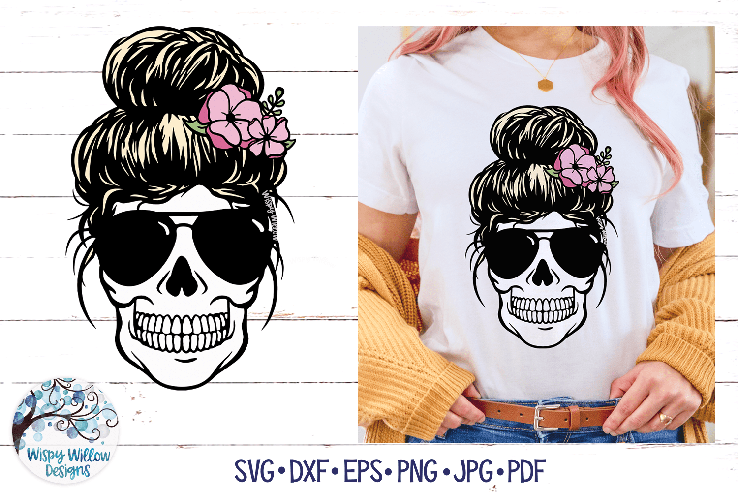 Skull Mom with Flowers Layered SVG Wispy Willow Designs Company