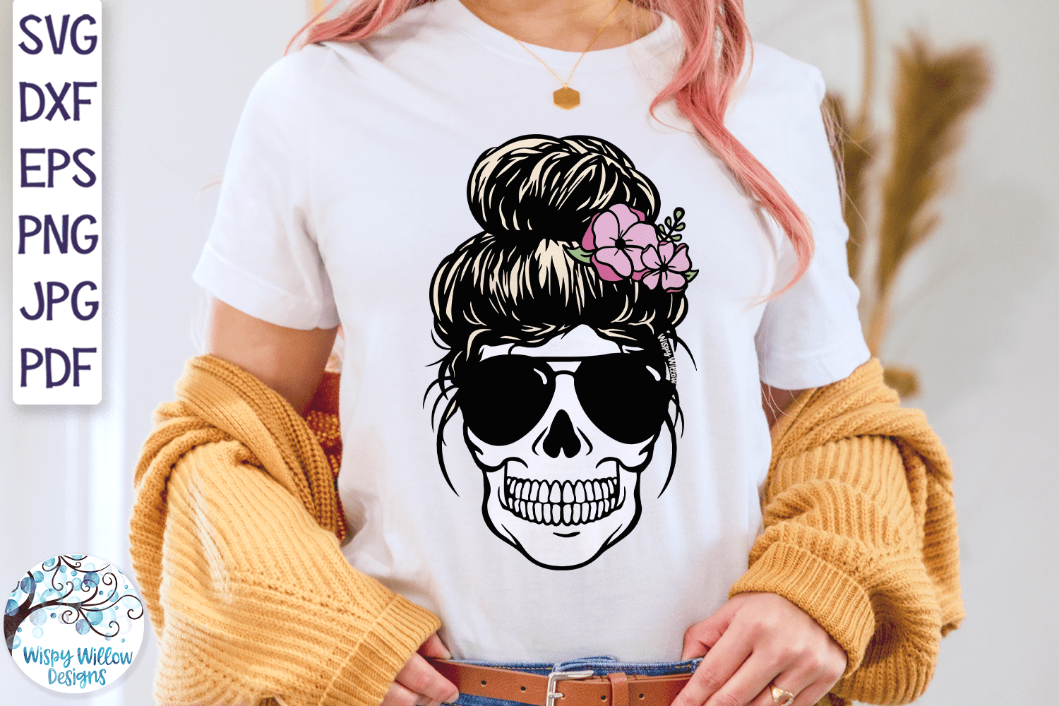 Skull Mom with Flowers Layered SVG Wispy Willow Designs Company