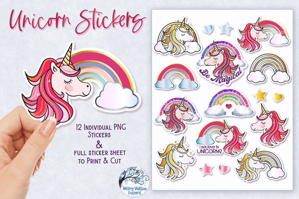 Unicorn and Rainbow Stickers PNG – Wispy Willow Designs