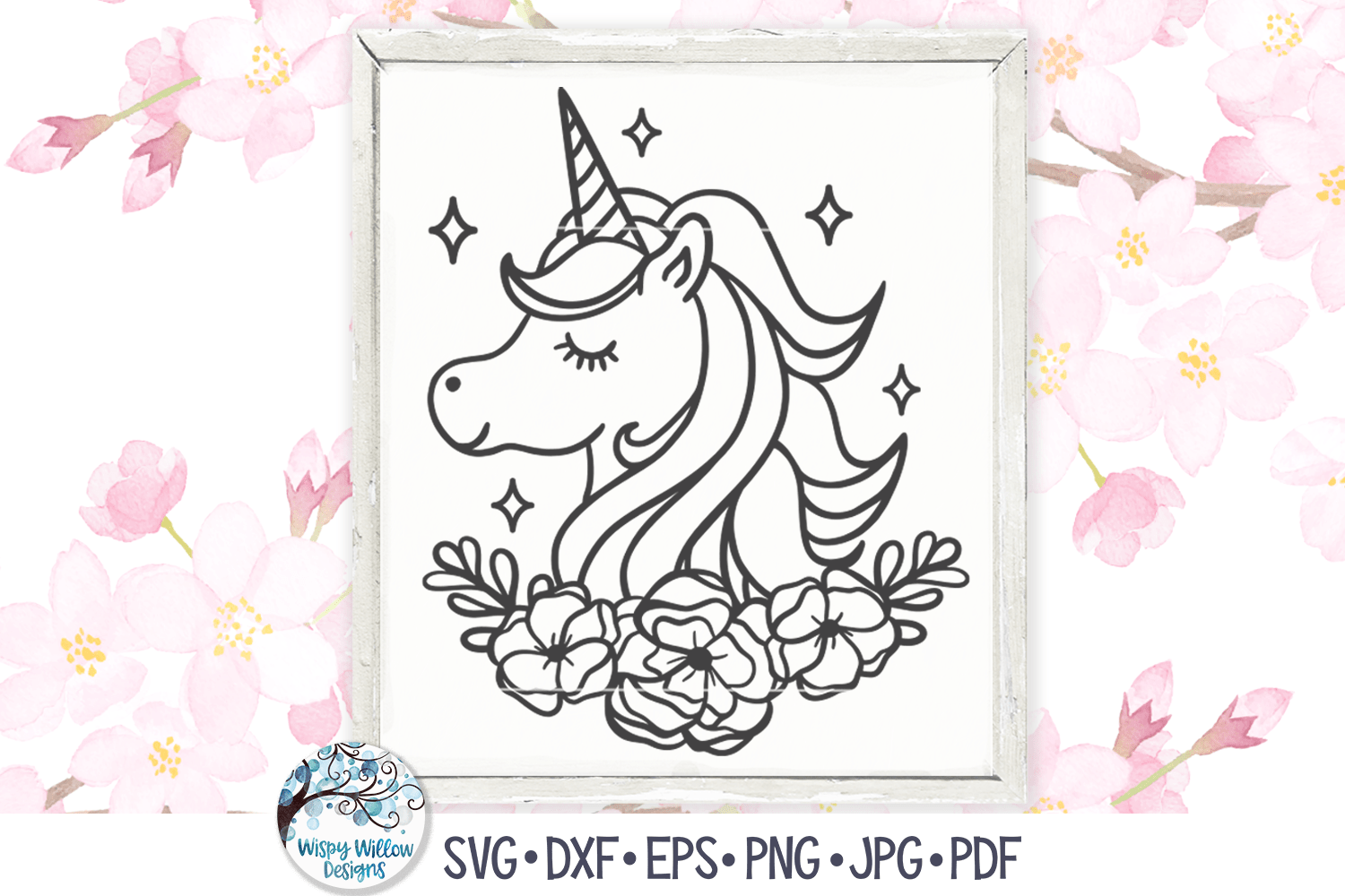 Unicorn with Flowers SVG Wispy Willow Designs Company